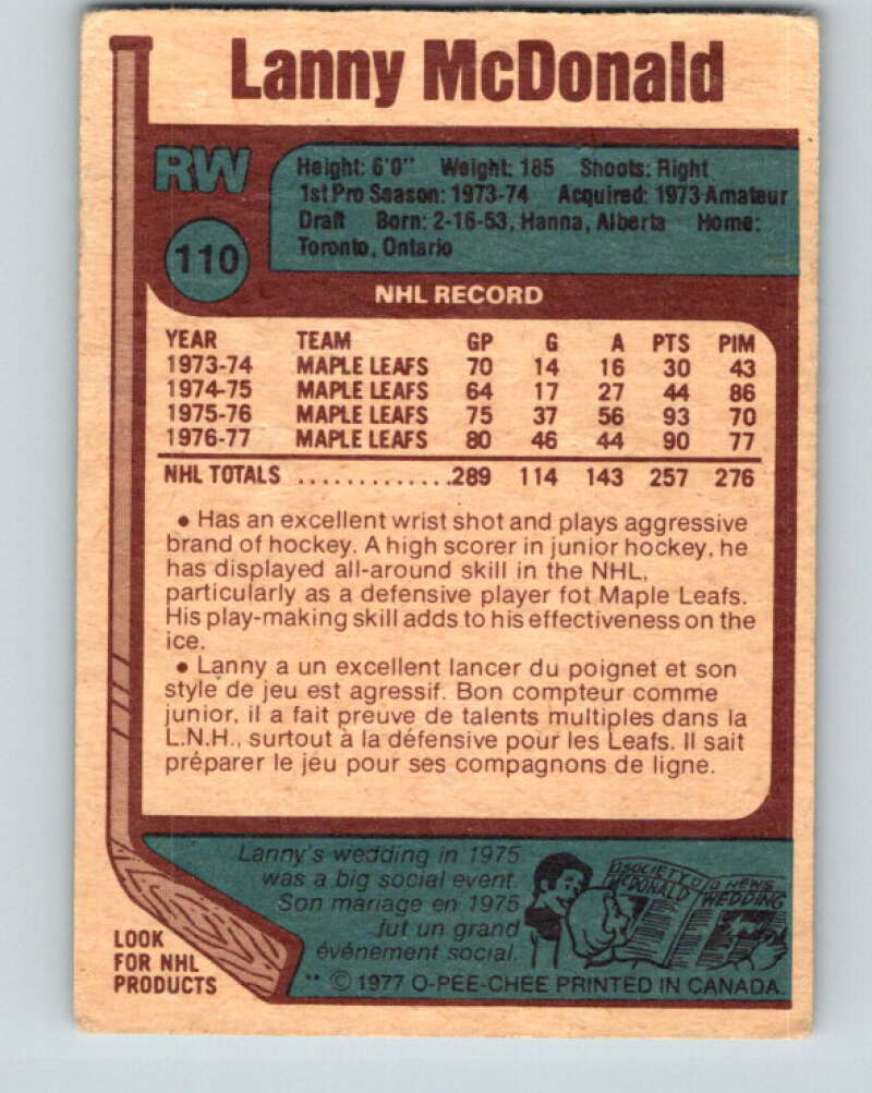 1977-78 O-Pee-Chee #110 Lanny McDonald AS Toronto Maple Leafs V13657