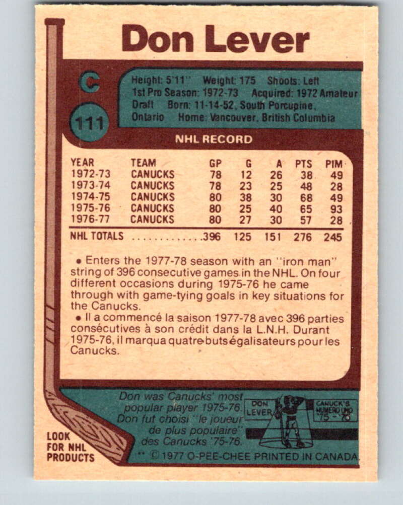 1977-78 O-Pee-Chee #111 Don Lever Vancouver Canucks V13658