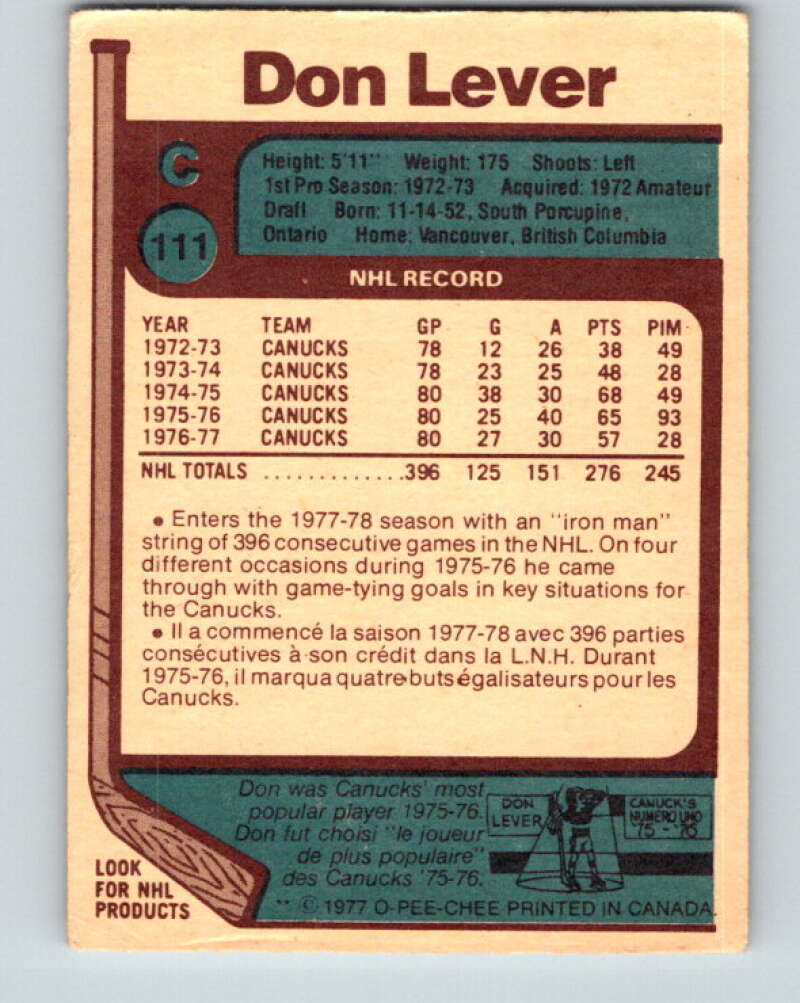 1977-78 O-Pee-Chee #111 Don Lever Vancouver Canucks V13660