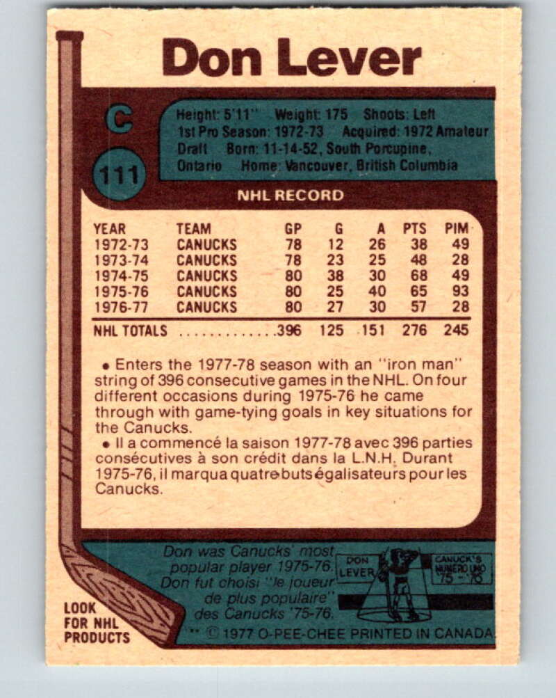 1977-78 O-Pee-Chee #111 Don Lever Vancouver Canucks V13661