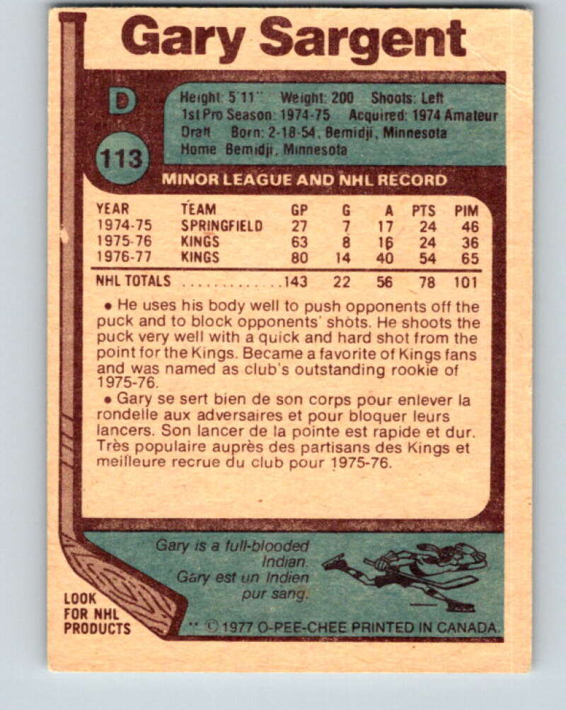 1977-78 O-Pee-Chee #113 Gary Sargent RC Rookie Los Angeles Kings V13668