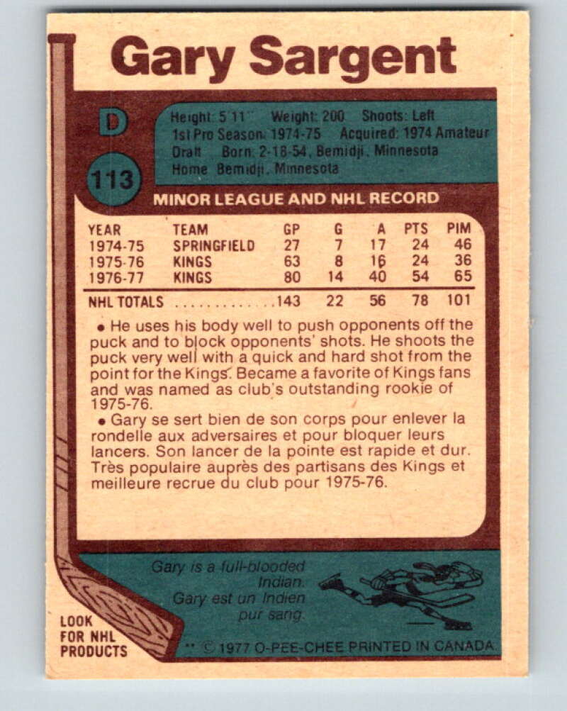 1977-78 O-Pee-Chee #113 Gary Sargent RC Rookie Los Angeles Kings V13669