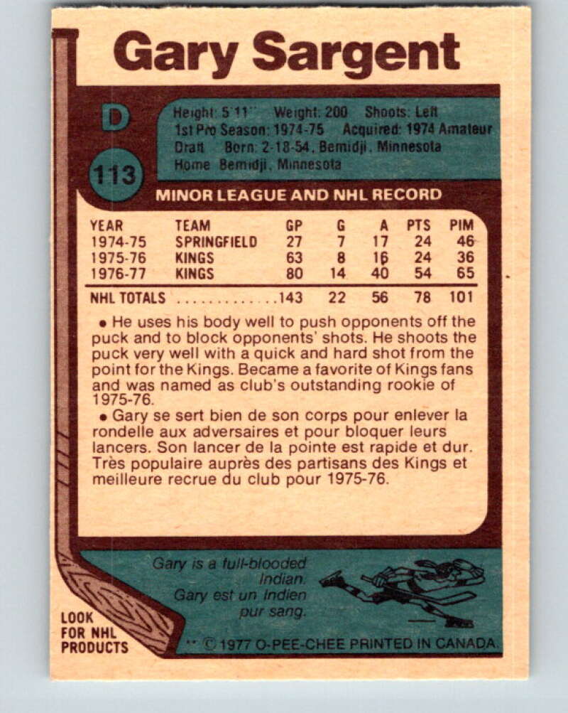 1977-78 O-Pee-Chee #113 Gary Sargent RC Rookie Los Angeles Kings V13674