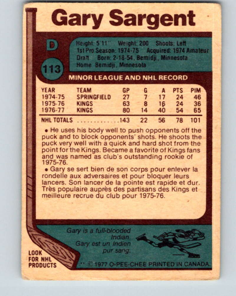 1977-78 O-Pee-Chee #113 Gary Sargent RC Rookie Los Angeles Kings V13675