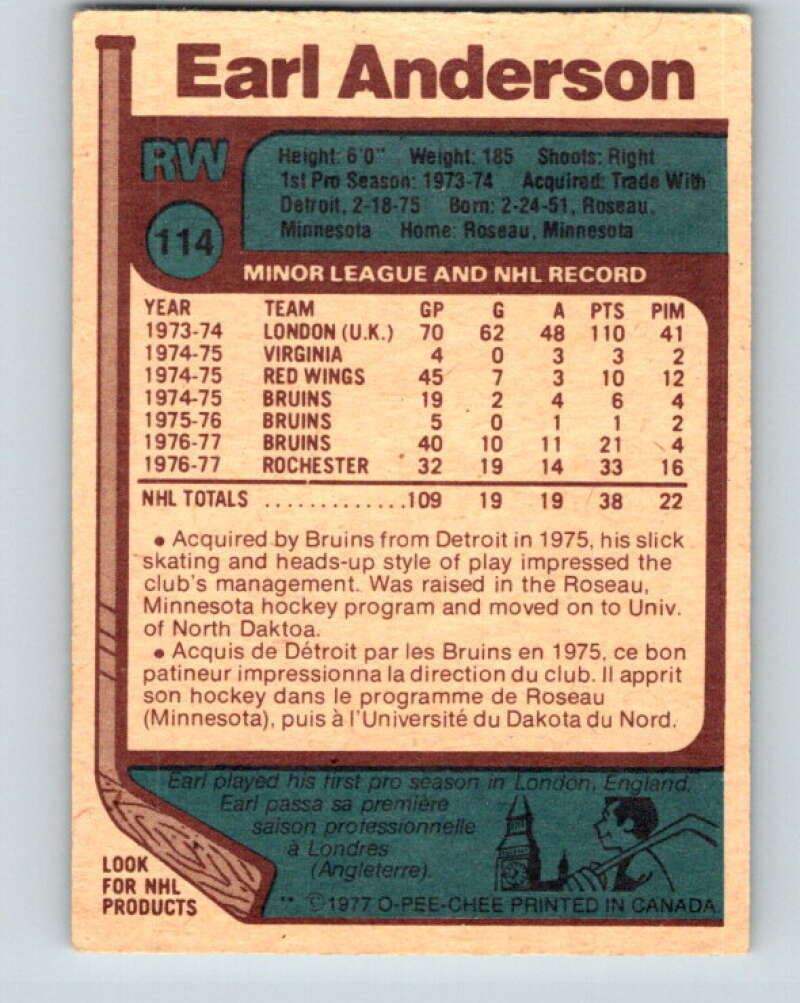 1977-78 O-Pee-Chee #114 Earl Anderson RC Rookie Boston Bruins V13676