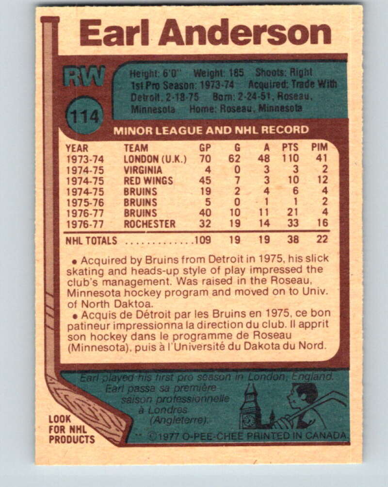 1977-78 O-Pee-Chee #114 Earl Anderson RC Rookie Boston Bruins V13677