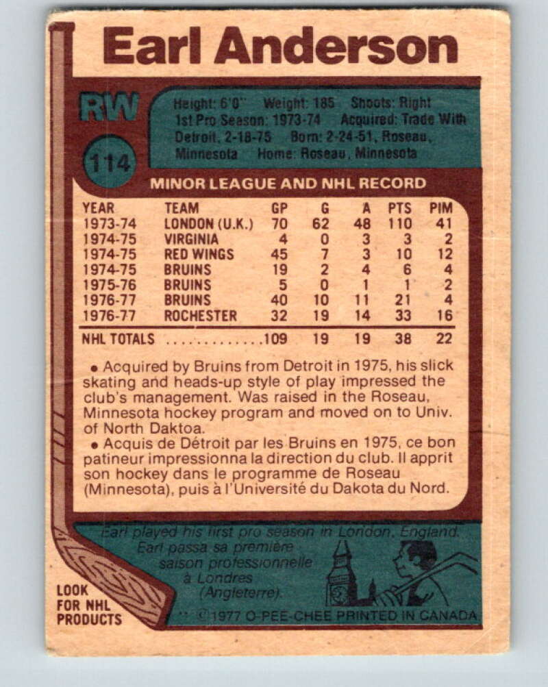 1977-78 O-Pee-Chee #114 Earl Anderson RC Rookie Boston Bruins V13681