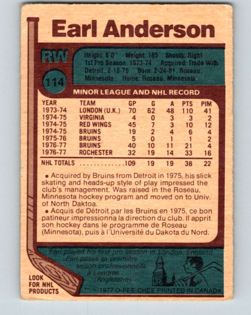 1977-78 O-Pee-Chee #114 Earl Anderson RC Rookie Boston Bruins V13684