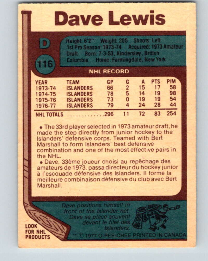 1977-78 O-Pee-Chee #116 Dave Lewis New York Islanders V13698