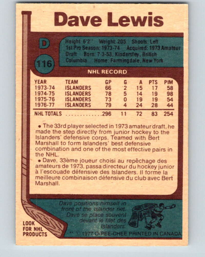 1977-78 O-Pee-Chee #116 Dave Lewis New York Islanders V13700