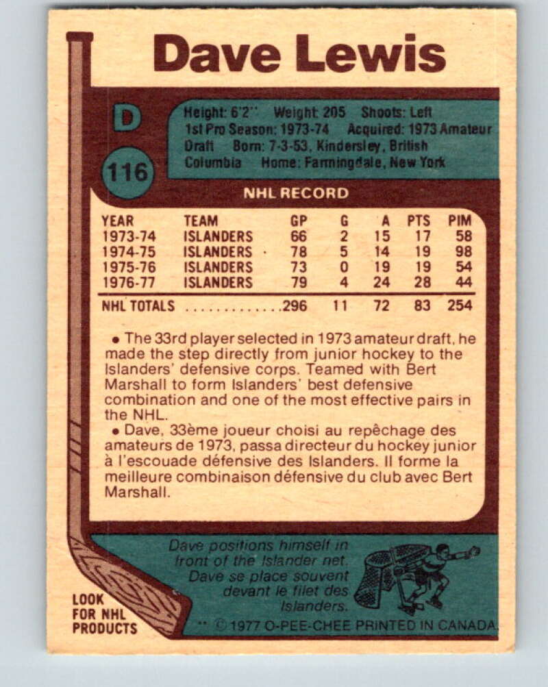 1977-78 O-Pee-Chee #116 Dave Lewis New York Islanders V13701