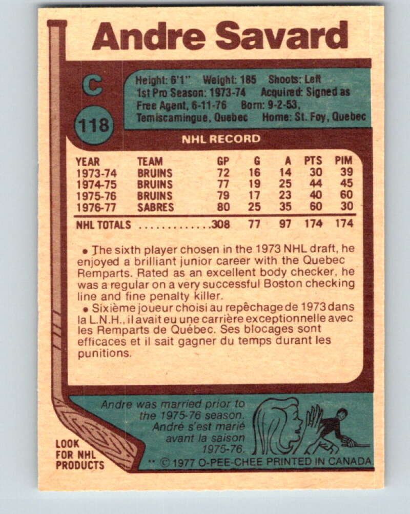 1977-78 O-Pee-Chee #118 Andre Savard Buffalo Sabres V13706