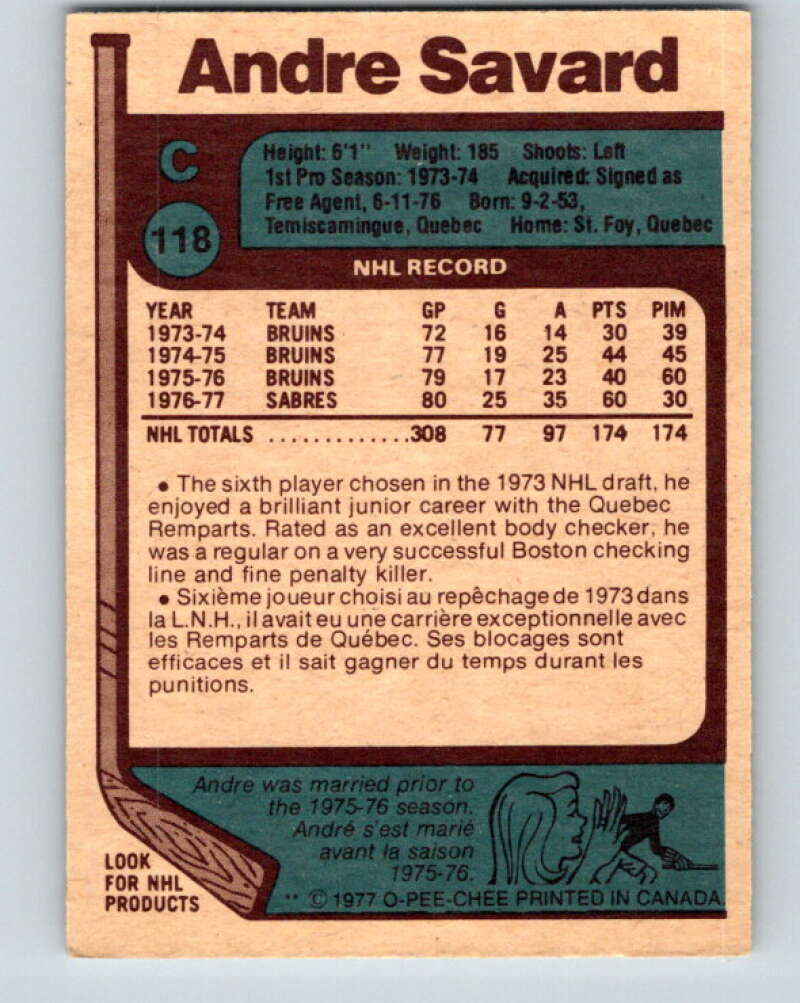 1977-78 O-Pee-Chee #118 Andre Savard Buffalo Sabres V13708