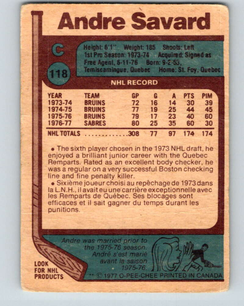 1977-78 O-Pee-Chee #118 Andre Savard Buffalo Sabres V13710