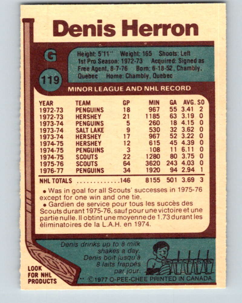 1977-78 O-Pee-Chee #119 Denis Herron Pittsburgh Penguins V13712