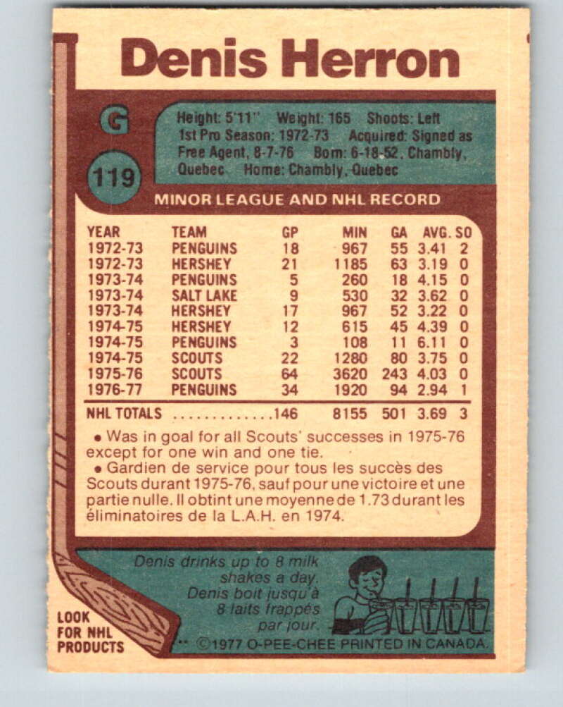 1977-78 O-Pee-Chee #119 Denis Herron Pittsburgh Penguins V13714