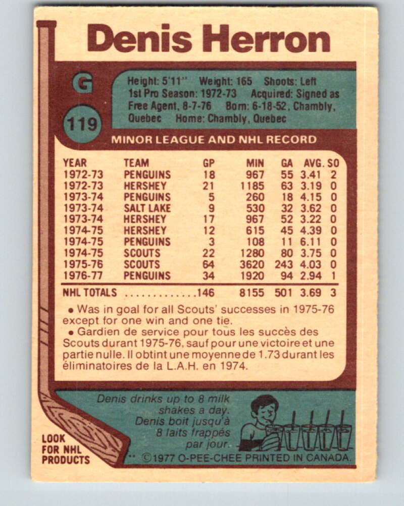 1977-78 O-Pee-Chee #119 Denis Herron Pittsburgh Penguins V13715