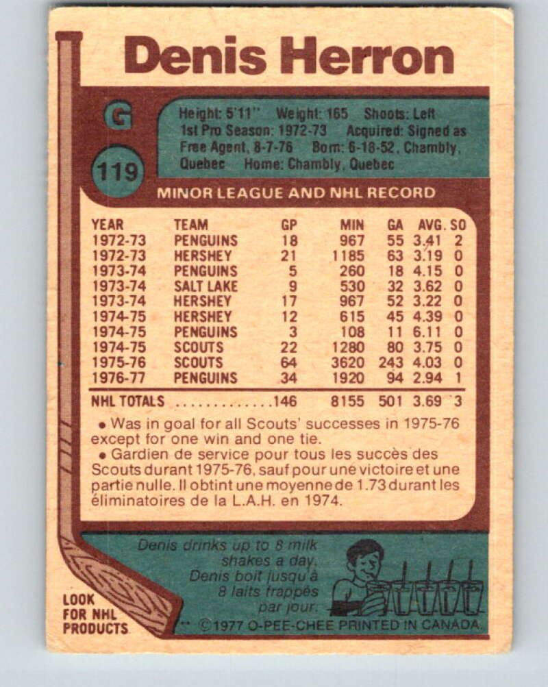 1977-78 O-Pee-Chee #119 Denis Herron Pittsburgh Penguins V13716