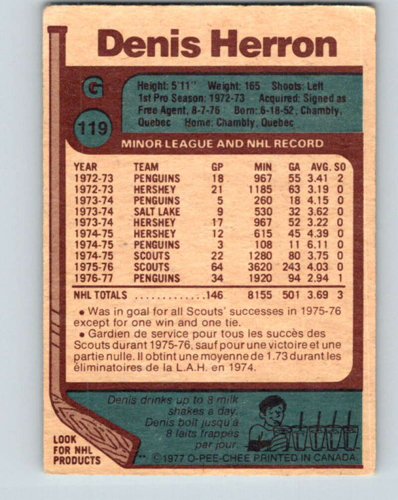 1977-78 O-Pee-Chee #119 Denis Herron Pittsburgh Penguins V13717