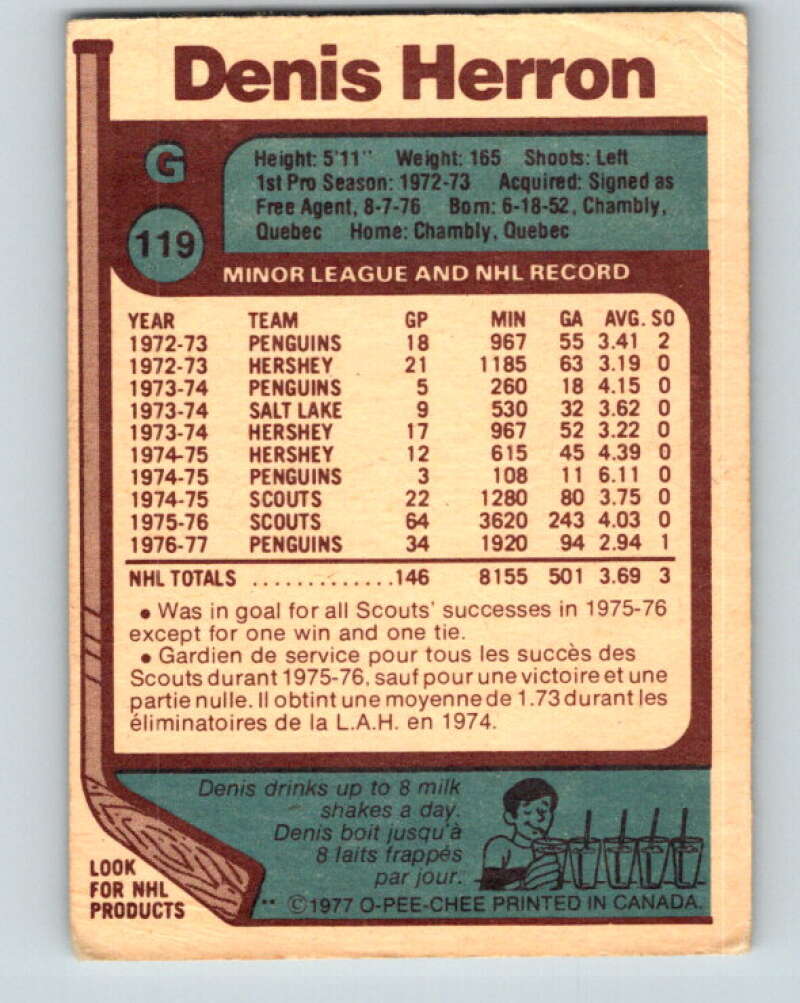1977-78 O-Pee-Chee #119 Denis Herron Pittsburgh Penguins V13718