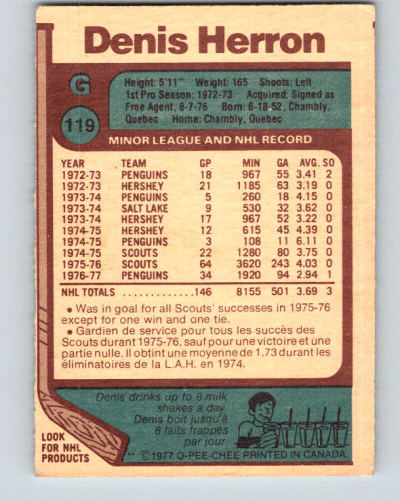 1977-78 O-Pee-Chee #119 Denis Herron Pittsburgh Penguins V13719