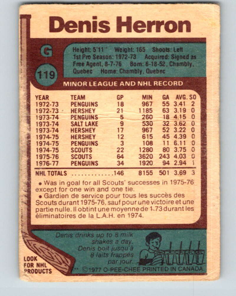 1977-78 O-Pee-Chee #119 Denis Herron Pittsburgh Penguins V13720