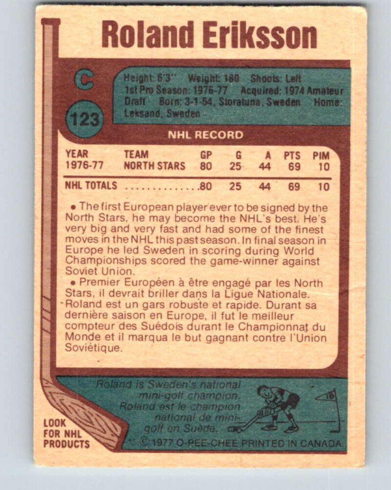 1977-78 O-Pee-Chee #123 Roland Eriksson RC Rookie North Stars V13745
