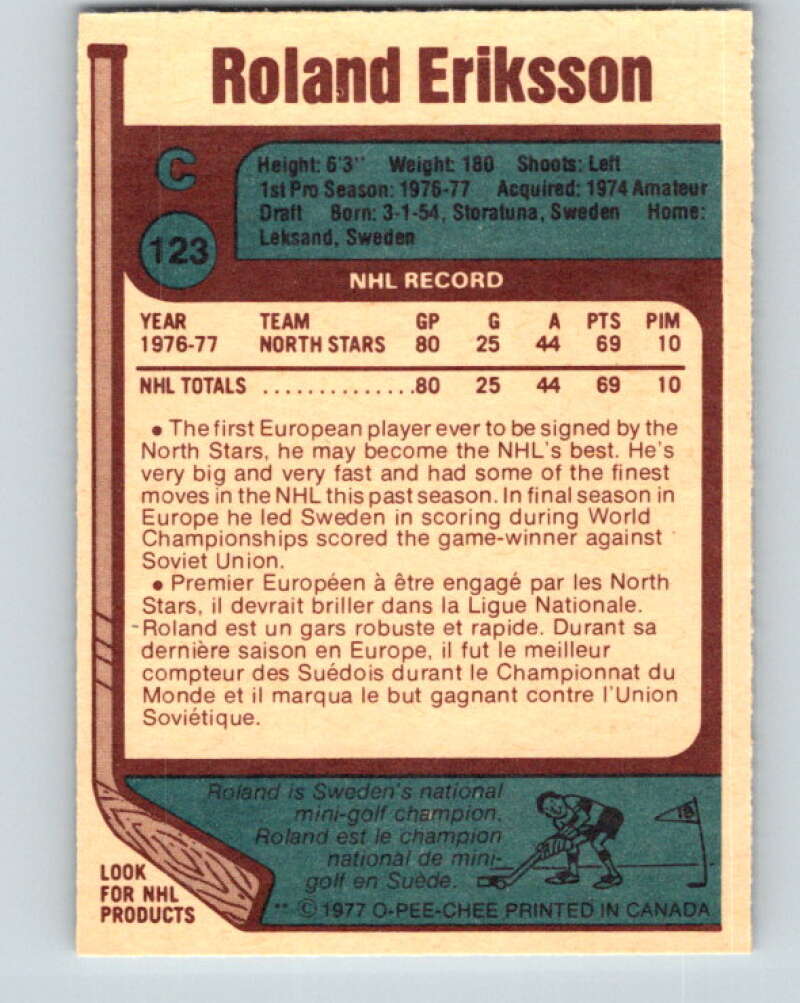 1977-78 O-Pee-Chee #123 Roland Eriksson RC Rookie North Stars V13747