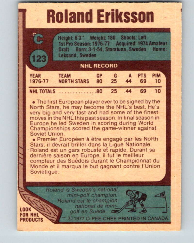 1977-78 O-Pee-Chee #123 Roland Eriksson RC Rookie North Stars V13748