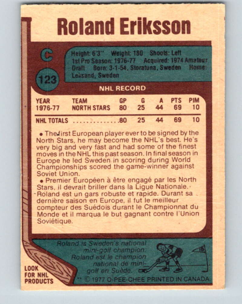 1977-78 O-Pee-Chee #123 Roland Eriksson RC Rookie North Stars V13749