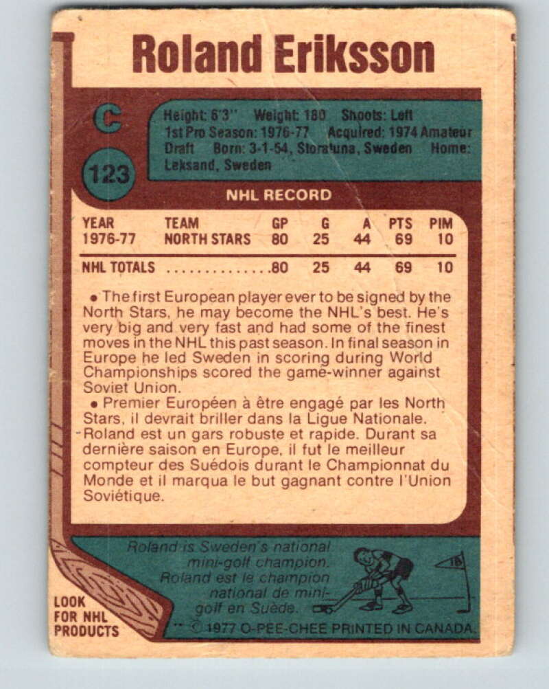 1977-78 O-Pee-Chee #123 Roland Eriksson RC Rookie North Stars V13750