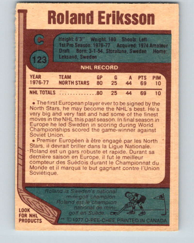 1977-78 O-Pee-Chee #123 Roland Eriksson RC Rookie North Stars V13751