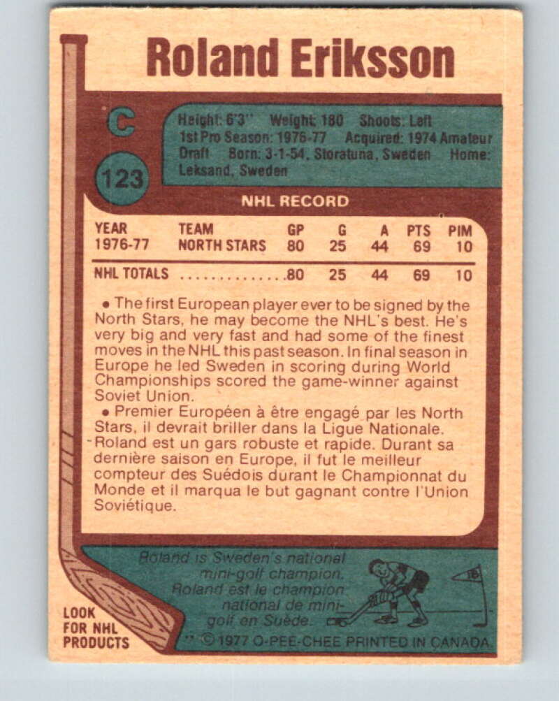 1977-78 O-Pee-Chee #123 Roland Eriksson RC Rookie North Stars V13752