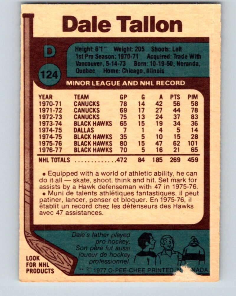 1977-78 O-Pee-Chee #124 Dale Tallon Chicago Blackhawks V13753