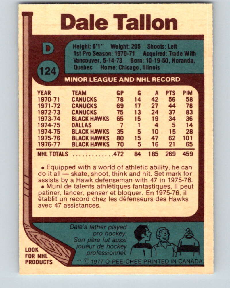 1977-78 O-Pee-Chee #124 Dale Tallon Chicago Blackhawks V13754