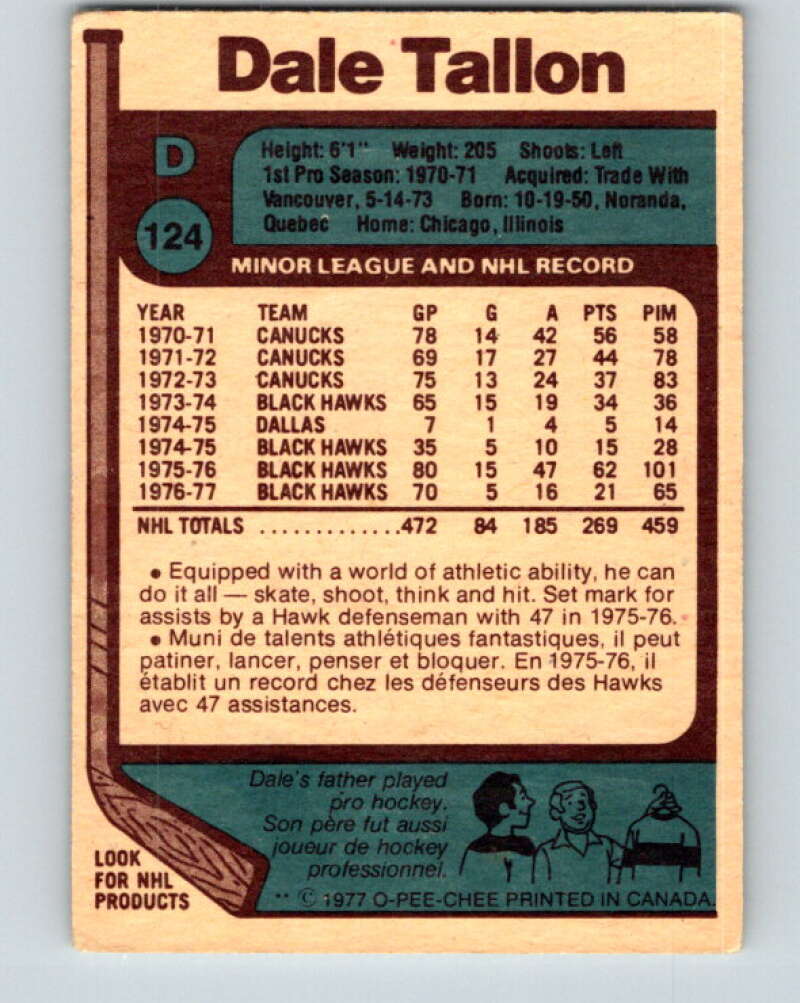 1977-78 O-Pee-Chee #124 Dale Tallon Chicago Blackhawks V13756