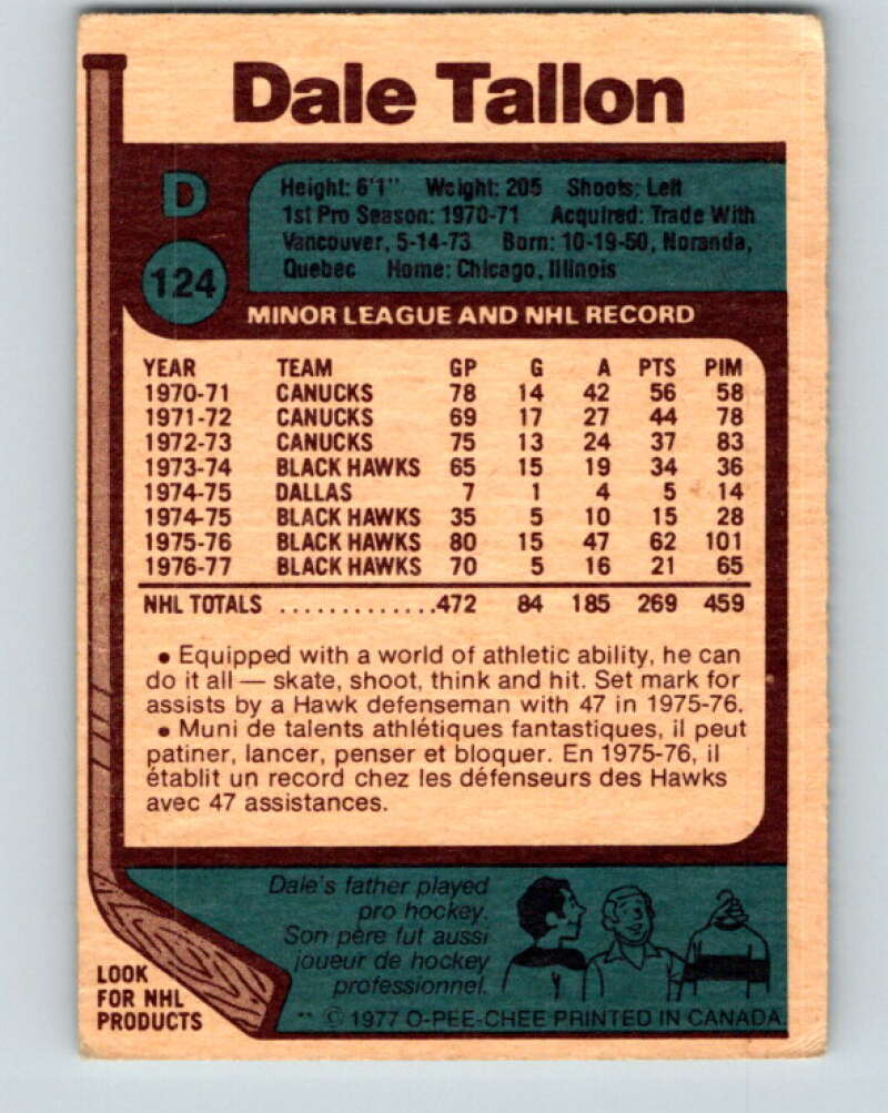 1977-78 O-Pee-Chee #124 Dale Tallon Chicago Blackhawks V13757
