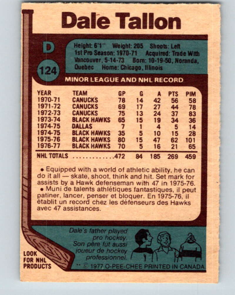 1977-78 O-Pee-Chee #124 Dale Tallon Chicago Blackhawks V13760