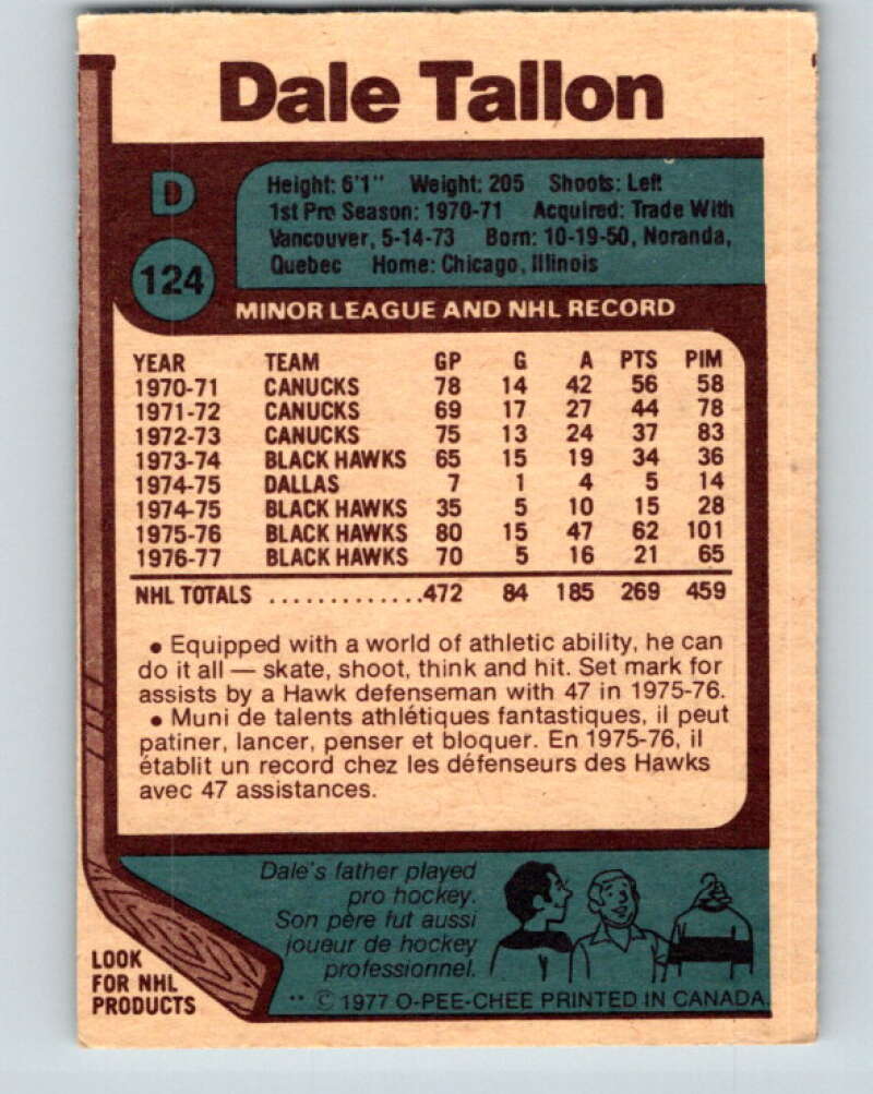 1977-78 O-Pee-Chee #124 Dale Tallon Chicago Blackhawks V13762