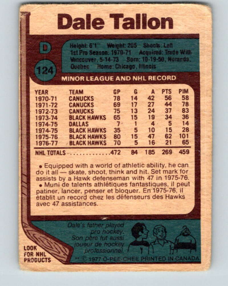 1977-78 O-Pee-Chee #124 Dale Tallon Chicago Blackhawks V13764