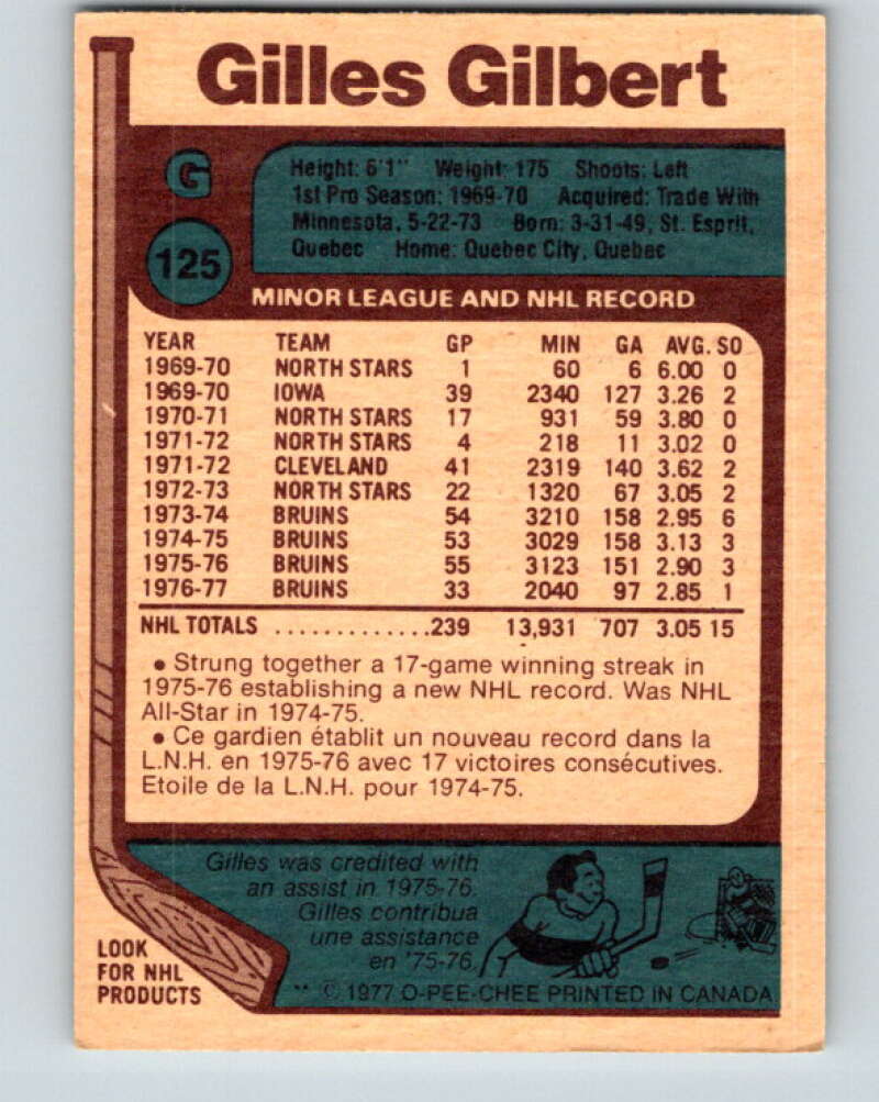 1977-78 O-Pee-Chee #125 Gilles Gilbert Boston Bruins V13765