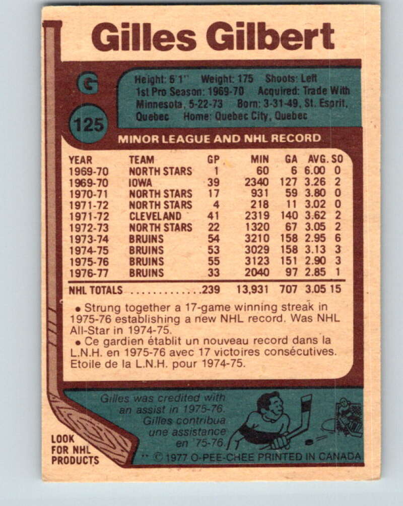 1977-78 O-Pee-Chee #125 Gilles Gilbert Boston Bruins V13767