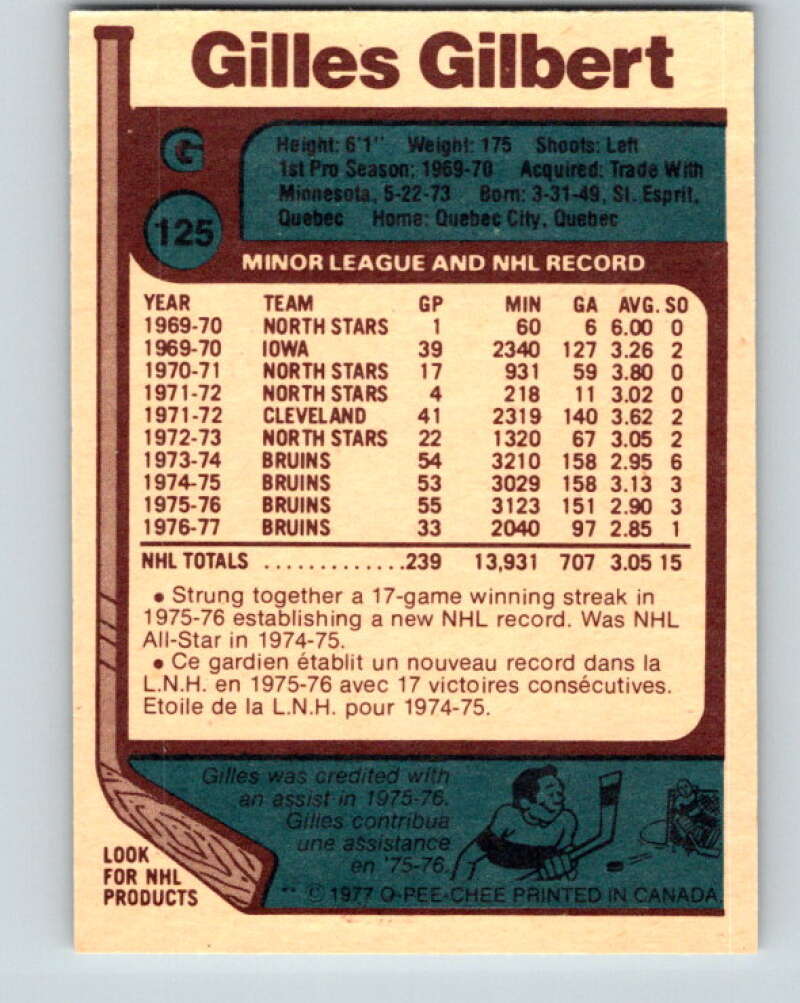 1977-78 O-Pee-Chee #125 Gilles Gilbert Boston Bruins V13769