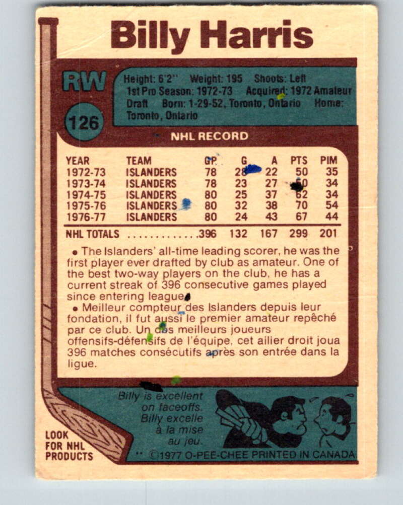 1977-78 O-Pee-Chee #126 Billy Harris New York Islanders V13779