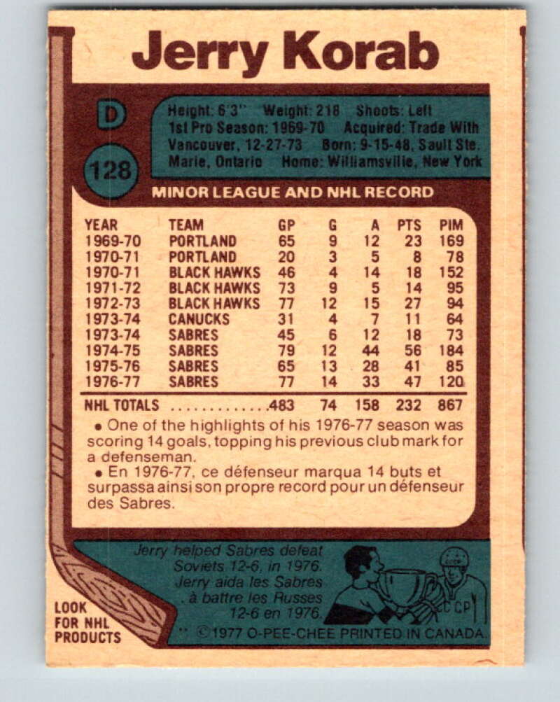 1977-78 O-Pee-Chee #128 Jerry Korab Buffalo Sabres V13793