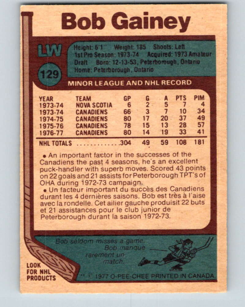 1977-78 O-Pee-Chee #129 Bob Gainey Montreal Canadiens V13795