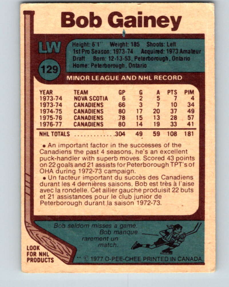 1977-78 O-Pee-Chee #129 Bob Gainey Montreal Canadiens V13796