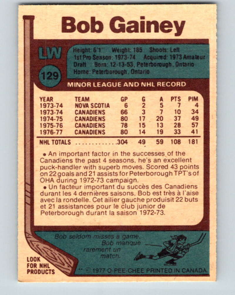 1977-78 O-Pee-Chee #129 Bob Gainey Montreal Canadiens V13798