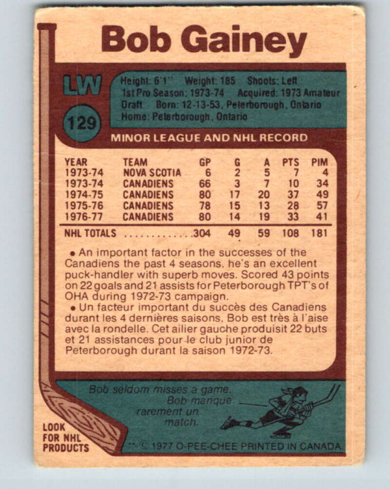 1977-78 O-Pee-Chee #129 Bob Gainey Montreal Canadiens V13799