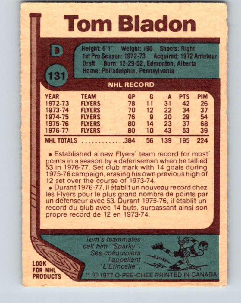 1977-78 O-Pee-Chee #131 Tom Bladon Philadelphia Flyers V13808